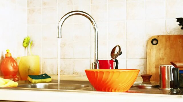 Water flowing from an apartment kitchen sink faucet. The sink also has dishes, cleaning patches and a moka. The video was shot in the kitchen of an apartment