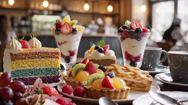 Colorful Desserts with Cakes and Fruits