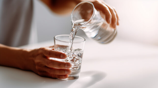 Close-up of pouring water into drinking glass, healthy hydration, pure refreshment, minimal bright wellness concept. close-up lifestyle image of hands pouring pure water from a cle