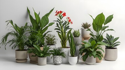 Fototapeta premium Modern indoor potted plants collection in neutral ceramic pots on white shelf for home decor