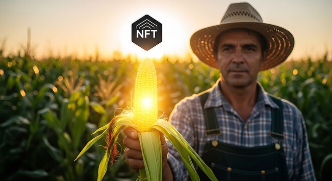 Farmer in a cornfield at sunset with NFT symbol above an ear of glowing corn