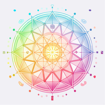 Rainbow geometric mandala with compass rose elements abstract design