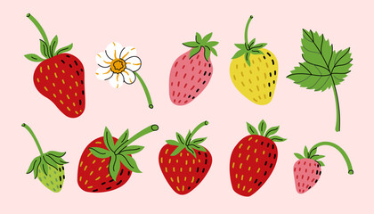 Bright collection of hand drawn strawberries with leaves, blossoms, and stems in a playful style. Simple shapes and bold colors create a fresh, natural look, perfect for packaging, labels, prints, and © Inna