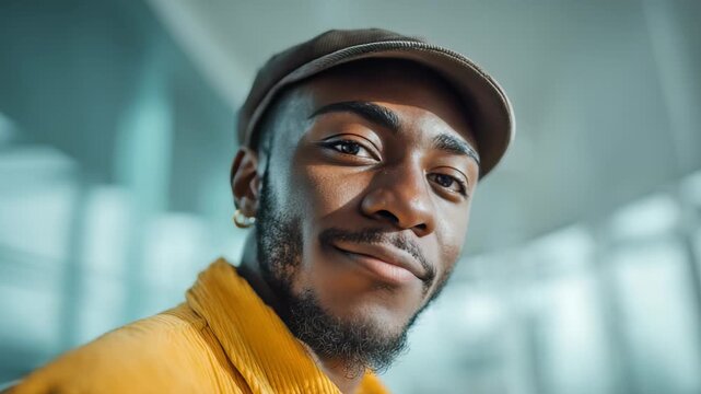 Portrait of a trendy young man with a friendly smile, wearing a yellow jacket and cap, standing in a contemporary city environment. The image exudes confidence and modern style