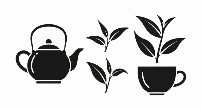 Simple black icons of a teapot, tea leaves, and a teacup with leaves