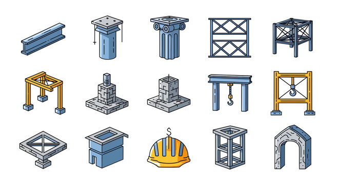 Isometric vector icons diverse industrial and construction elements. Features beams, columns, scaffolding, foundations, and safety gear for architectural and engineering design