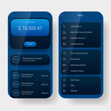 Mobile banking app dashboard with financial transactions and menu UI