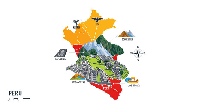 Vibrant Illustrated Map of Peru Showcasing Iconic Landmarks, Diverse Landscapes, and Rich Cultural Heritage for Travel and Tourism Concepts