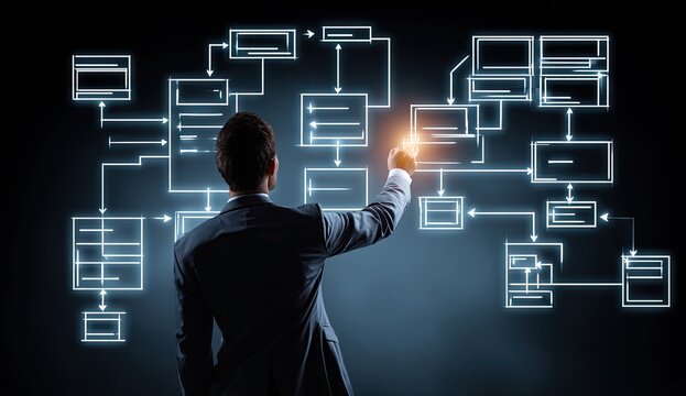 Business professional interacts with a complex digital flow chart against a dark background