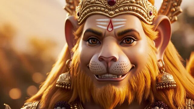 Majestic Deity Portrait with Feline Features Wearing Ornate Golden Crown and Traditional Markings Outdoors