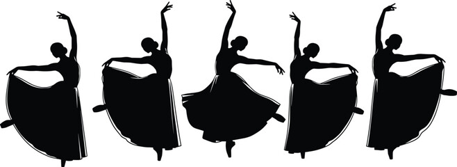 Black silhouette of elegant ballet dancers performing graceful movements in long skirts isolated on white background for minimalist dance vector design © Sobuz