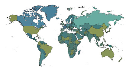 Obraz premium Detailed World Map Illustrating International Borders and Varied Color Distribution Across Nations for Geographic and Data Analysis Purposes