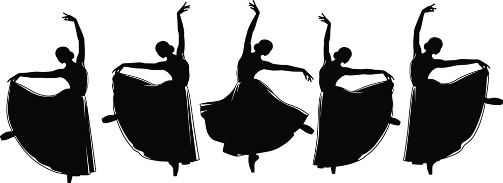 Black silhouette of elegant ballet dancers performing graceful movements in long skirts isolated on white background for minimalist dance vector design