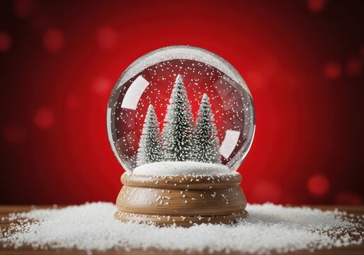 Snow globe with small pine trees on red background covered in snow