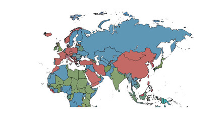 Fototapeta premium Detailed Political World Map Illustration Highlighting Geopolitical Regions Across Europe and Asia, Showcasing Diverse Data Visualization and Continental Groupings