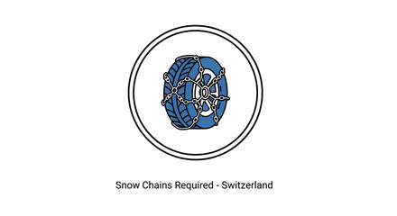 Fototapeta premium Vector graphic depicting a vehicle wheel with essential snow chains, indicating mandatory use in cold weather and icy road conditions for safe travel in mountainous terrain