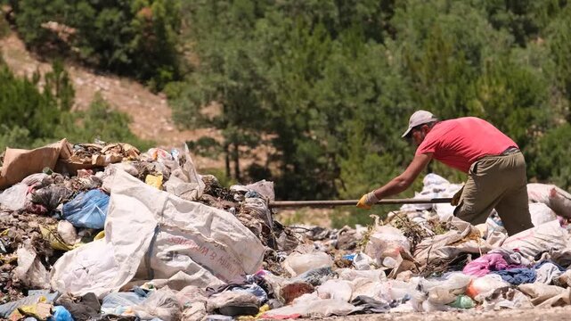 A worker collecting garbage in an open landfill area. Realistic scene highlighting environmental pollution, recycling, sustainability, and human labor in a natural environment.