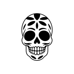Obraz premium A black and white vector illustration of a Mexican sugar skull (Calavera) with floral eye patterns and decorative motifs. Ideal for Day of the Dead themed designs.