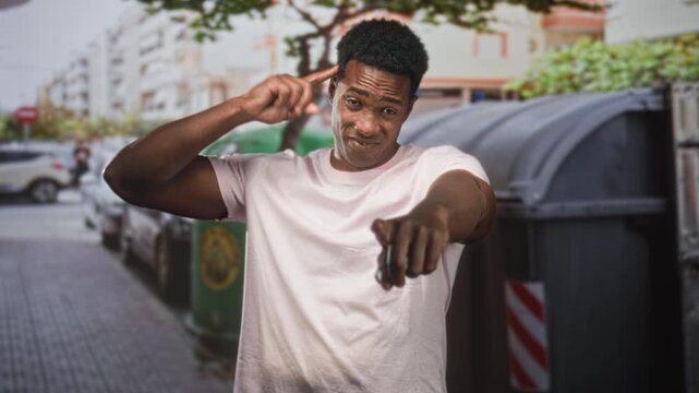 Man points finger at camera and finger to temple beside dumpster on street wearing pink tshirt and smiling; playful confidence.