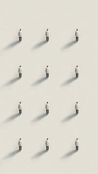Isolated Silhouettes Cast Long Shadows, Digital Identity Crisis Seen From Aerial Perspective, Sparse Arrangement Of Individuals In Uniform Attire, Strong Diagonal Shadows Create Atmosphere