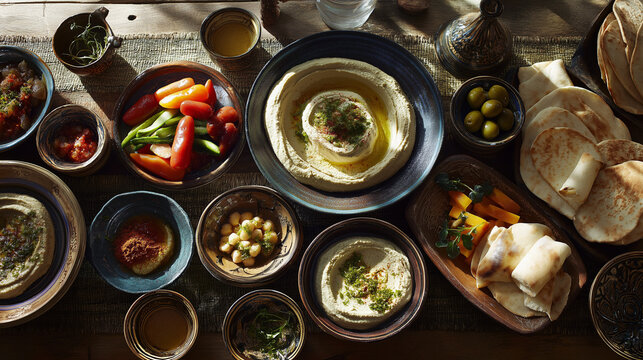 Stylish Middle Eastern Snacks. Elegant Middle Eastern Starters Arranged Beautifully Over Natural Wooden Surface. Refined And Artistic Middle Eastern Hors D Oeuvres Showcased On Rustic Wooden Platform