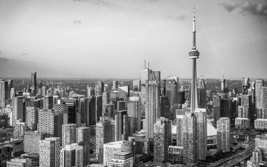 Naklejka premium Helicopter Perspective. Toronto Skyline Bathed in Sunset Glow