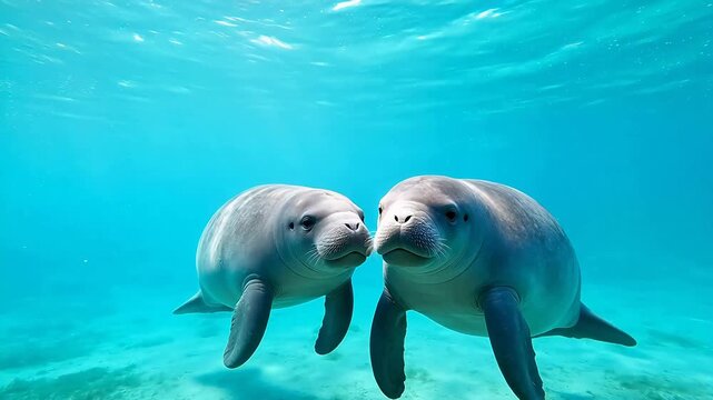 Two dugongs swimming underwater