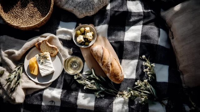 Spring Summer outdoor leisure relaxation activity. A topdown view of a rustic picnic setting. A black and white checkered blanket, a woven basket, and a wooden cutting board are the main subjects.