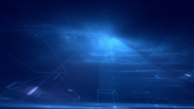 bright blue light beams and geometric forms shine in a dark futuristic atmosphere with motion blur and streaks of light in technological ambiance
