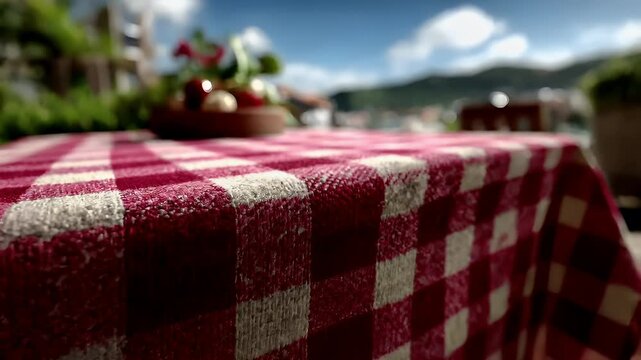 Spring Summer outdoor leisure relaxation activity. A closeup shot of a table covered with a red and white checkered tablecloth. The tablecloth has a textured surface with visible stitches.