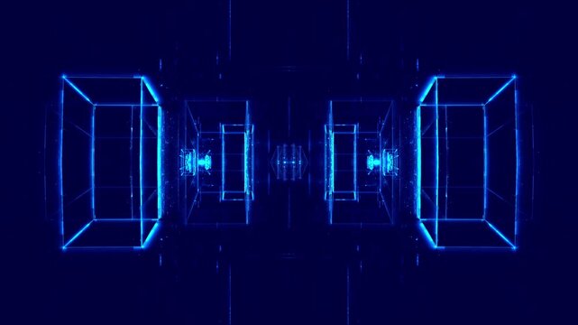 futuristic rectangles shine in blue light in dark futuristic cyber atmosphere with streaks of energy lights in technological ambiance