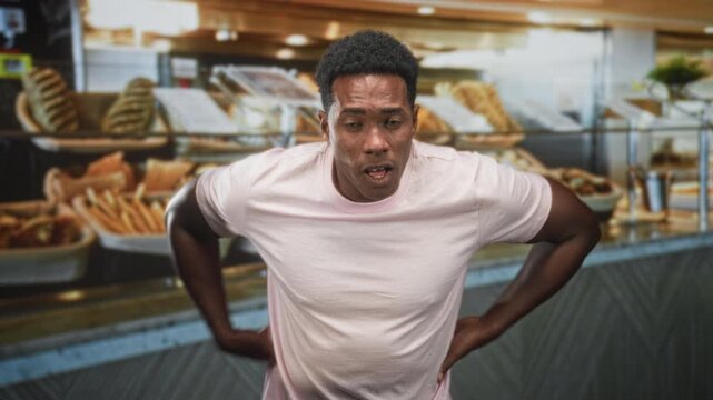 Man in pink tshirt clutching stomach with hands amid bakery pastries by bread display at building counter; pain nausea urgency.