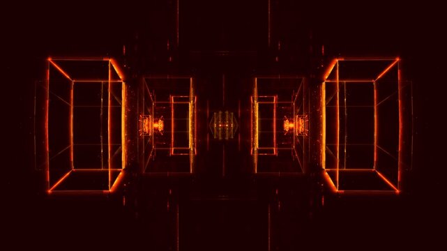 futuristic rectangles shine in golden light in dark futuristic cyber atmosphere with streaks of energy lights in technological ambiance
