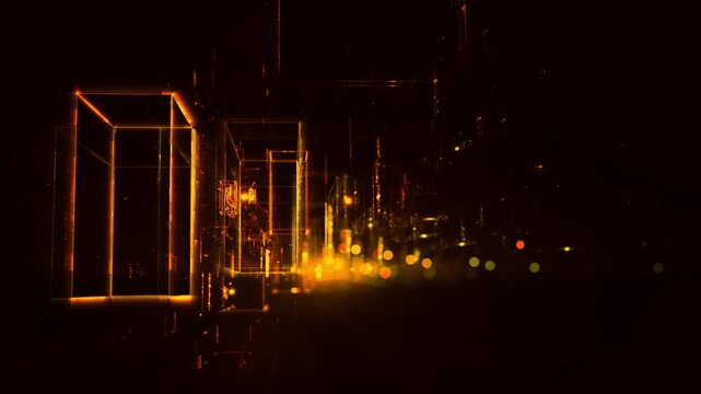 futuristic rectangles shine in golden light in dark futuristic cyber atmosphere with streaks of energy lights in technological ambiance