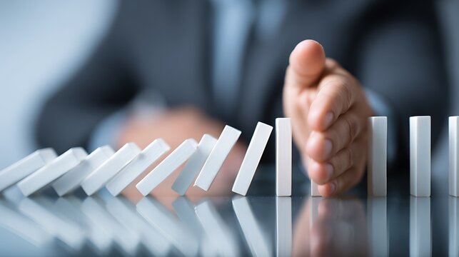 A hand, in a business suit, stops falling dominoes. Illustrates control and prevention
