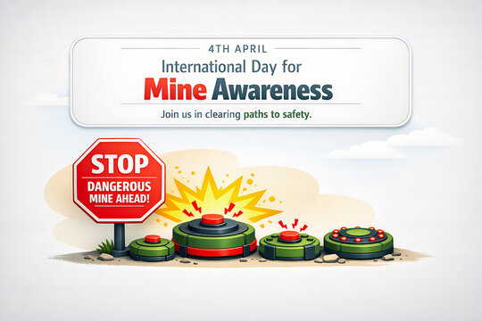 International Day for Mine Awareness poster with warning sign and mines
