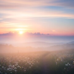 Fototapeta premium Sunrise over a misty field of wildflowers with a path leading through rolling hills