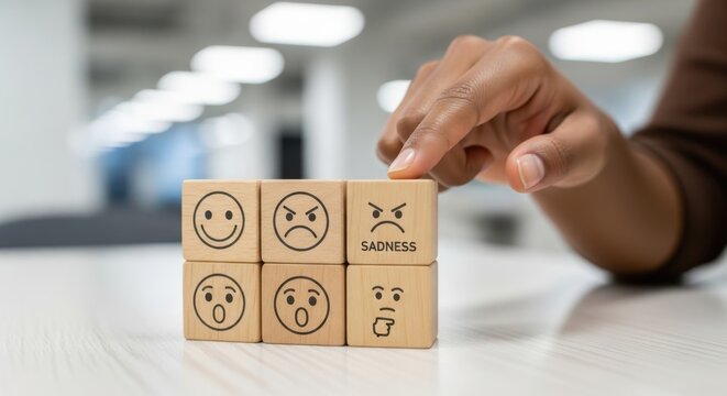 Fingers touching wooden blocks with icons of various moods for emotional intelligence and mental wellness in a bright commercial setting
