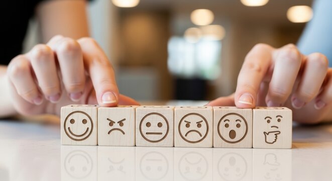 Fingers touching wooden blocks with icons of various moods for emotional intelligence and mental wellness in a bright commercial setting