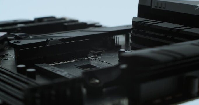 CPU Socket on Modern PC Motherboard &ndash; Macro Close-up of High-Tech Electronics | 4K Video