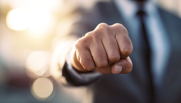 Close-up of a closed fist in a suit, against a bright, blurred background