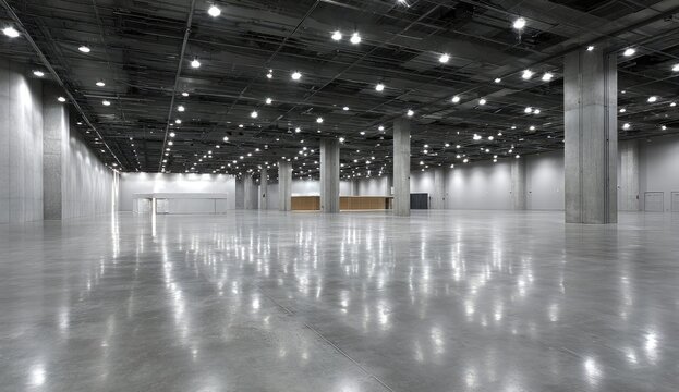 Expansive, brightly lit, empty convention hall with polished concrete floors reflecting lights