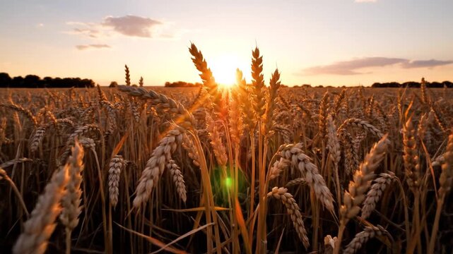 Golden wheat field at sunset, sun low on the horizon, warm light kissing ripe stalks under blue glow