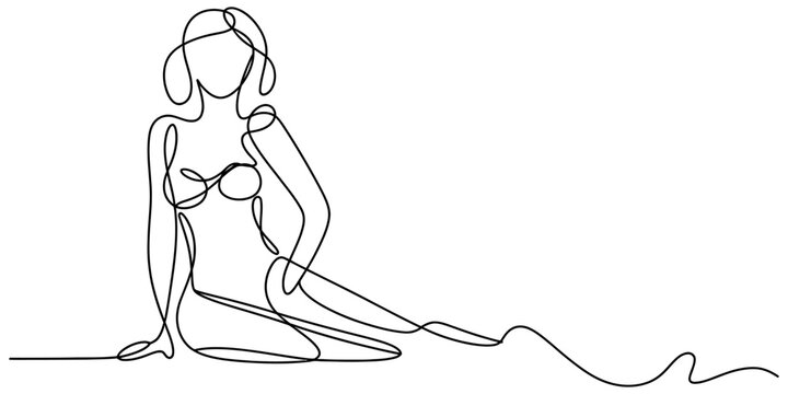 Minimalist continuous line art drawing of a woman in a bikini sitting gracefully on the beach Vector, illustration