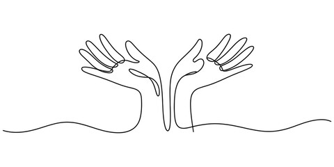 Obraz premium Continuous line drawing of two hands reaching out or holding something invisible on white background. Vector, illustration