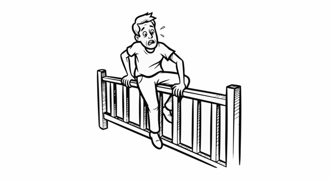 Scared person perched precariously on a wooden fence, eyes wide with fear