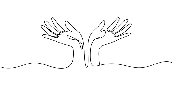 Continuous line drawing of two hands reaching out or holding something invisible on white background. Vector, illustration