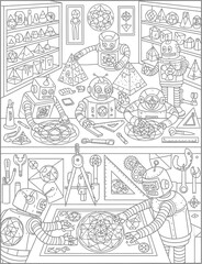 Fototapeta premium Friendly robots working in laboratory coloring page illustration