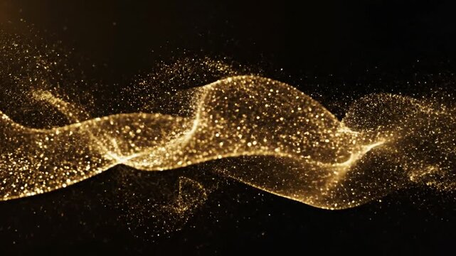Golden Trail of Elegance: An ethereal wave of shimmering golden particles flows gracefully against a dark background, evoking a sense of luxury, and sophistication.