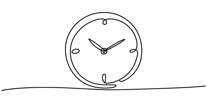 Continuous one line drawing of a clock icon isolated on a white background for time management. Vector, illustration